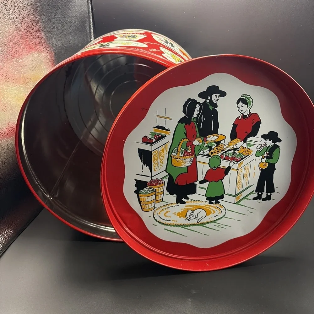 Pretzel Tin & Tray Dutch Red Vtg Farmhouse Boho Cottage Amish Storage Container